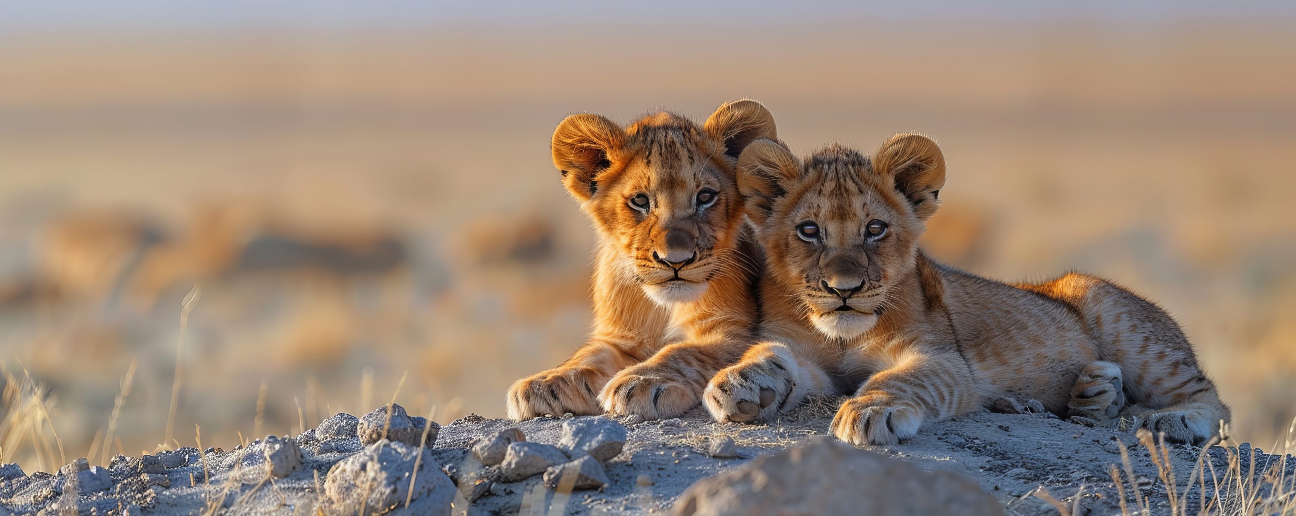 Two young lions play and embrace on a rocky hill in a vast, arid plain. The ground is covered with sand and stones, and the dry environment stretches as far as the eye can see. The playful interaction of the lions adds a touch of tenderness to the harsh, barren landscape